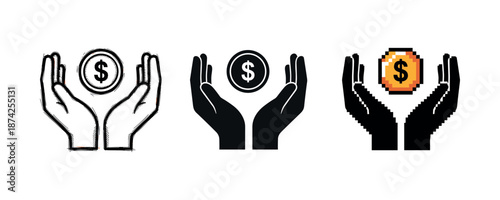 Hands holding dollar coin in sketch, silhouette, and pixel art styles