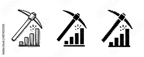 Set of mining icons with pickaxe and bar chart designs