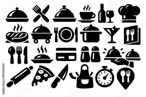 Collection of culinary tools and food icons including chef hat and cooking utensils