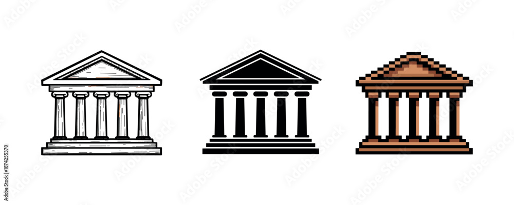 Obraz premium Three stylized temple icons: sketch, solid, pixel art designs