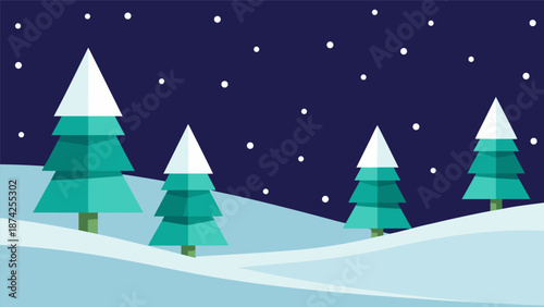 Winter Snowfall Scene Vector Illustration with Pine Trees and Snowy Hills Under a Starry Night Sky