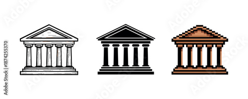 Three stylized temple icons: sketch, solid, pixel art designs