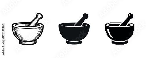 Mortar and pestle trio: vintage, modern, retro pixel styles