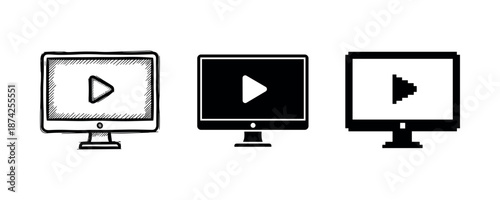 Set of computer screens with play button icons in sketch and silhouette styles