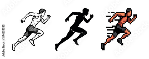 Evolution of running poses: sketch, silhouette, pixel art of male athletes