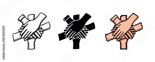 Three styles of unity: outline, silhouette, and pixelated hands in collaborative circle