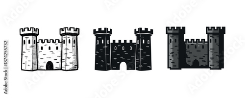 Set of three medieval castle tower drawings in black and white