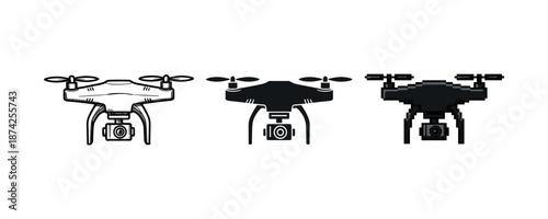 Three drone illustrations: outlined, solid, pixelated designs on white background