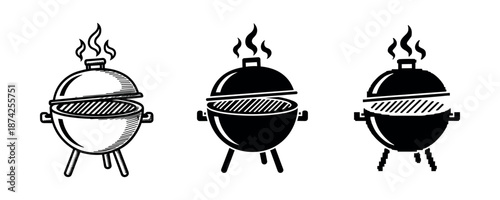 Set of three sketched barbecue grills with open lids and smoke