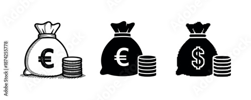 Euro and dollar money bags with coins illustration
