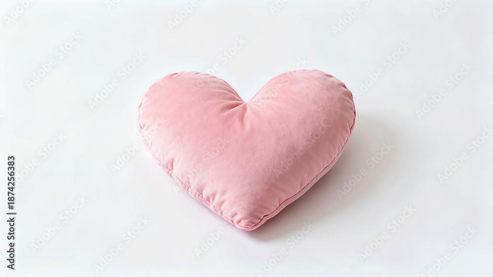 Fototapeta premium A soft pink heart-shaped pillow laying flat on a white background, elegant and minimalist style.