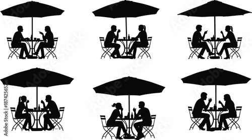 Set of restaurant silhouettes, people sitting at cafe tables with umbrellas, dining outdoors, cad drawing flat vector illustration, bistro scenes