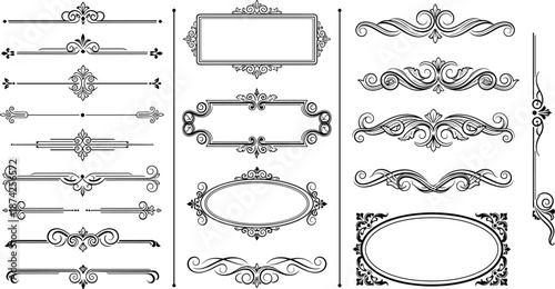 Vintage Decorative Ornaments Set with Elegant Victorian Borders Filigree Flourishes Retro Frames and Classic Dividers for Wedding Invitation Cards Design Elements