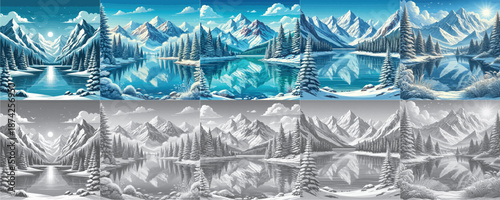 Vector set of Mountain and lake views in winter