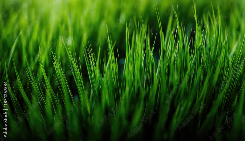 Fototapeta premium Beautiful Vibrant Close-Up of Lush Green Grass with Soft Sunlit Blur, Symbolizing Growth, Serenity, and Natural Harmony