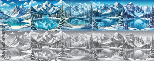 Vector set of Mountain and lake views in winter