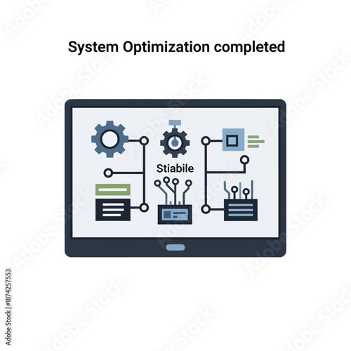 System Optimization Completed Digital Illustration of a Tablet Displaying a Network Diagram with Gears and Circuits Representing Efficiency and Progress