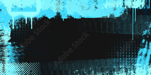 Urban punk background with neon blue paint brushes and splatter effect. Vector realistic illustration of black street wall with grunge color texture, halftone dots, distress scratches, rough lines