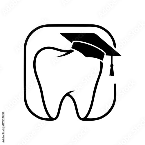 A black and white illustration of a tooth wearing a graduation cap, symbolizing achievement or completion in dental health or education.