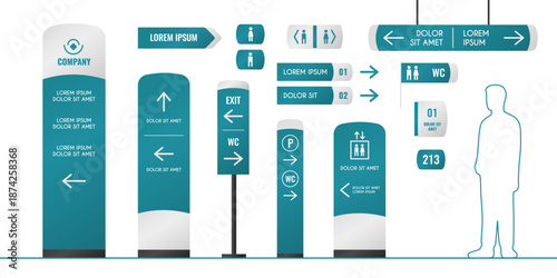 Building interior signage set isolated on white. Vector realistic illustration of directory sign mockups collection with arrows, 3d totem, pylon, direction indicator, advertising board, info stand