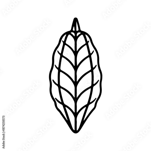 A black and white illustration of a stylized leaf silhouette with intricate vein patterns. The leaf has a pointed tip and a stem at the top.