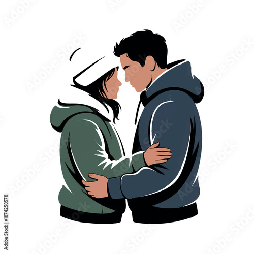 Tender couple embracing warmly in cozy hoodies, sharing intimate moment