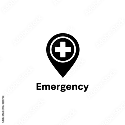 A black and white graphic featuring a map pin with a medical cross symbol, indicating an emergency medical location.