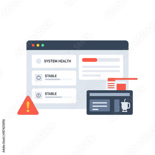 Digital system health monitoring dashboard with stable indicators and a crucial warning alert, embodying the concept of proactive IT management and issue detection