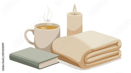 Cozy evening relaxation with a blanket, a warm drink, a book, and a candle. 