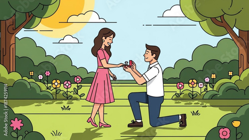 Man proposing to woman with engagement ring in a park romantic proposal scene illustration for love and relationship concepts