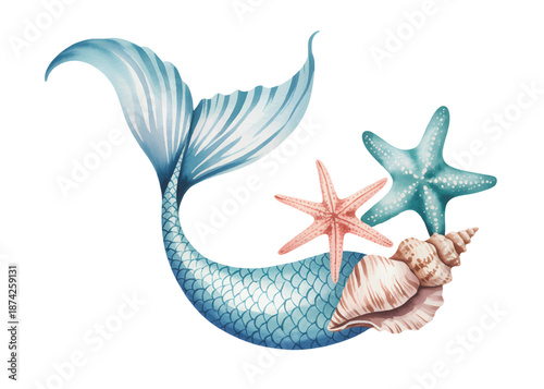 Underwater mermaid tail and starfish in pastel watercolor. Hand painted watercolor mermaid tails and sea shells.Print