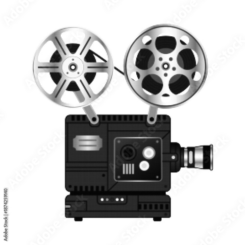 Halftone illustration of a vintage film projector with reels isolated on white background. Cinema and filmmaking concept for movies, retro media, storytelling, and classic entertainment.