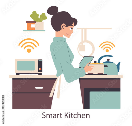 Woman Using Tablet in Smart Kitchen Vector Illustration