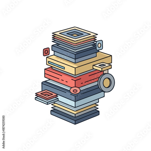 Abstract isometric illustration of stacked geometric shapes and modules representing layers of data or concepts