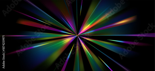 Bright light burst flare effect on black background. Vector realistic illustration of rainbow color halo with sparkle in middle, fast speed motion streaks, radial energy, rgb spectrum, space blast