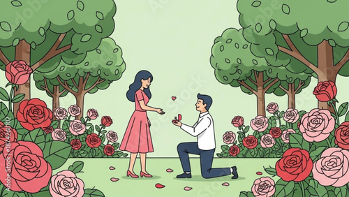Man proposing marriage to woman in a rose garden romantic proposal scene with engagement ring illustration for love and relationship concepts