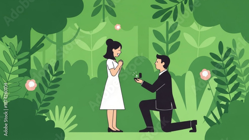Man proposing marriage to woman in a lush green forest romantic proposal with engagement ring illustration for love and relationship concepts