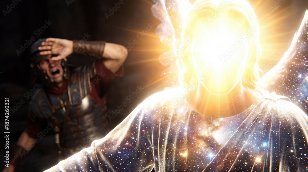 Fototapeta premium Shining angel with celestial robes appearing in the tomb. Terrified Roman soldier shielding his eyes from the divine light. Biblical concept of Jesus Christ's resurrection and Easter miracle.