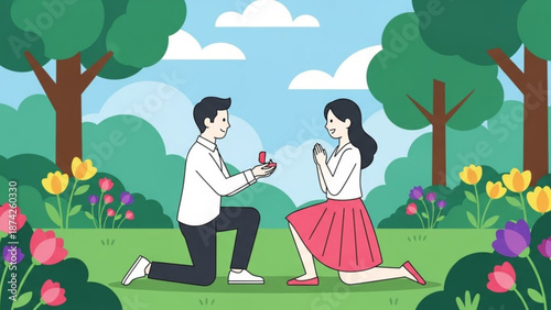Man proposing marriage to woman in a park with flowers romantic engagement scene flat illustration for wedding or relationship concepts
