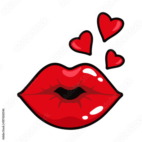 sexy red lips blowing heart kisses, romantic valentine pop art illustration