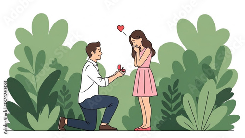 Man proposing marriage with diamond ring to surprised woman in a park romantic moment illustration for engagement and love concepts