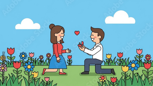Man proposing marriage to woman with engagement ring in a field of flowers romantic proposal concept for wedding or anniversary