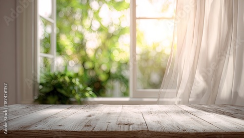 Interior shot with a wooden table foreground, light streaming through an open window