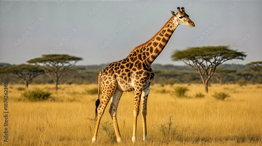 Fototapeta premium Majestic giraffe standing tall in golden grass field under soft blue sky, symbolizing freedom and serenity
