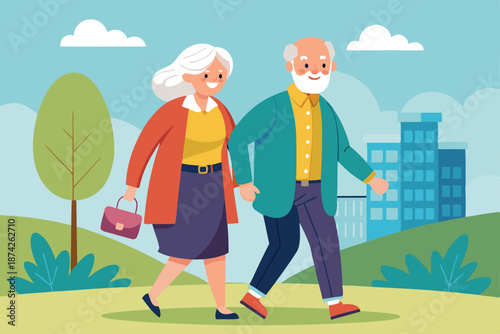 Active seniors walking for daily exercise, illustration of healthy living for older adults in vector