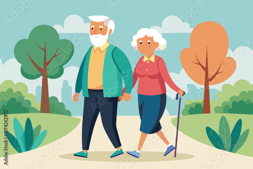 Elderly man and woman walking on a summer day, joyful retirement and outdoor recreation vector