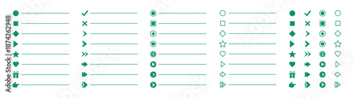 Bullet list icon set with checkmarks arrows dots and UI elements vector illustration on transparent background