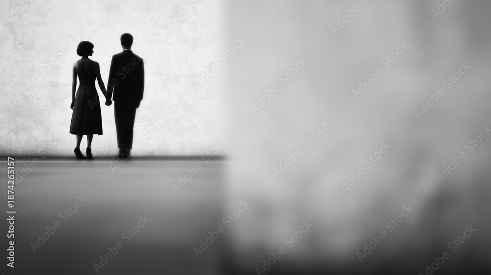 Fototapeta premium Silhouette couple holding hands in minimalist interior with soft light and shadows, ai generated