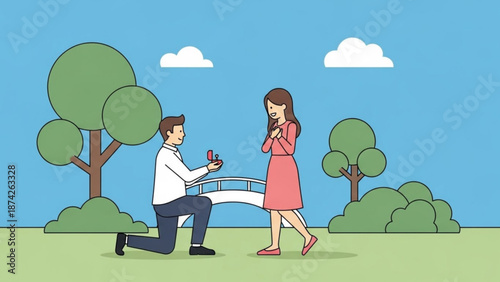 Man proposing marriage to woman in park with ring romantic proposal scene illustration for love and relationship concepts