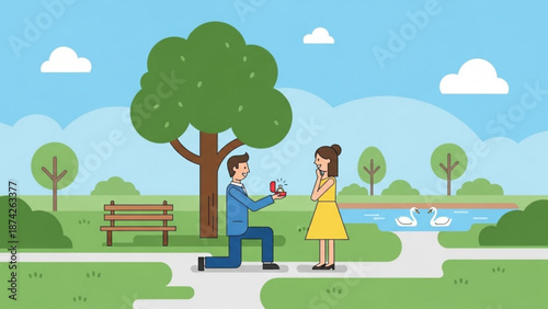 Man proposing marriage to woman in park with ring romantic proposal scene flat vector illustration for wedding or engagement concept